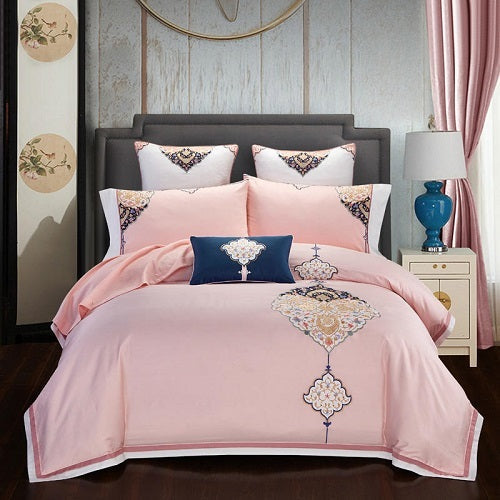 KTX-327251 Luxurious 4-Piece Embroidered Cotton Bedding Set with Landscape Pattern and Lace Trim