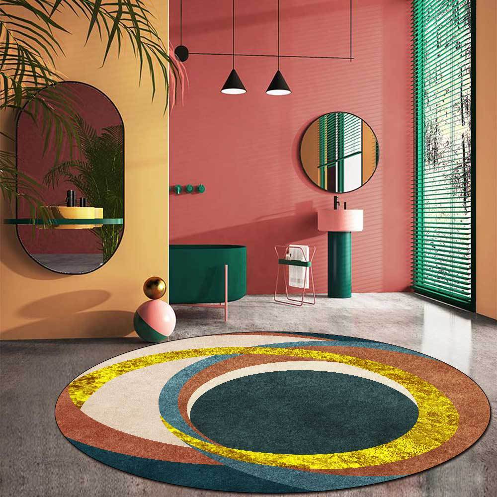 KTX-327379 Nordic Green Kumquat Round Abstract Circle Anti-Slip Floor Mat for Living Room and Bedroom