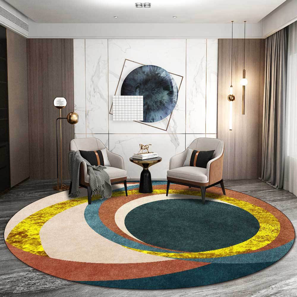 KTX-327379 Nordic Green Kumquat Round Abstract Circle Anti-Slip Floor Mat for Living Room and Bedroom