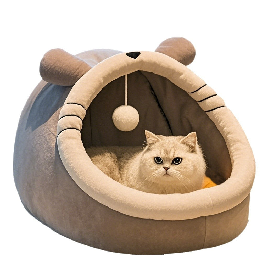 KTX-327763 Four Seasons Semi-closed Pet Bed with Thickened Fabric - Available in Multiple Styles and Sizes