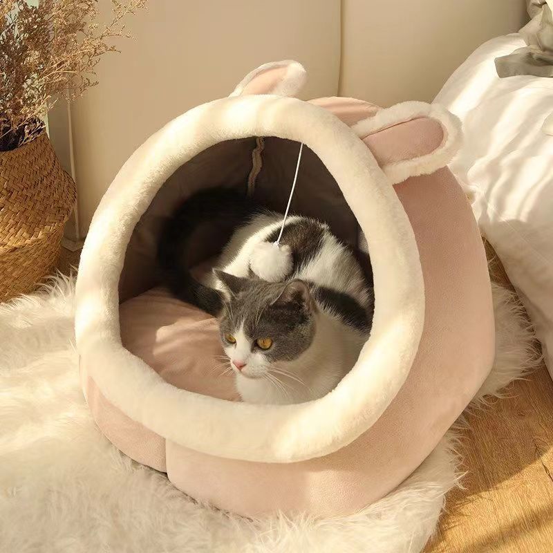 KTX-327763 Four Seasons Semi-closed Pet Bed with Thickened Fabric - Available in Multiple Styles and Sizes