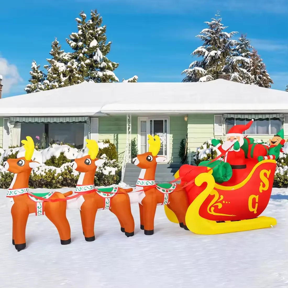 KTX-330387 12 FT Inflatable Santa Sleigh with Reindeer - Outdoor Christmas Decoration with LED Lights