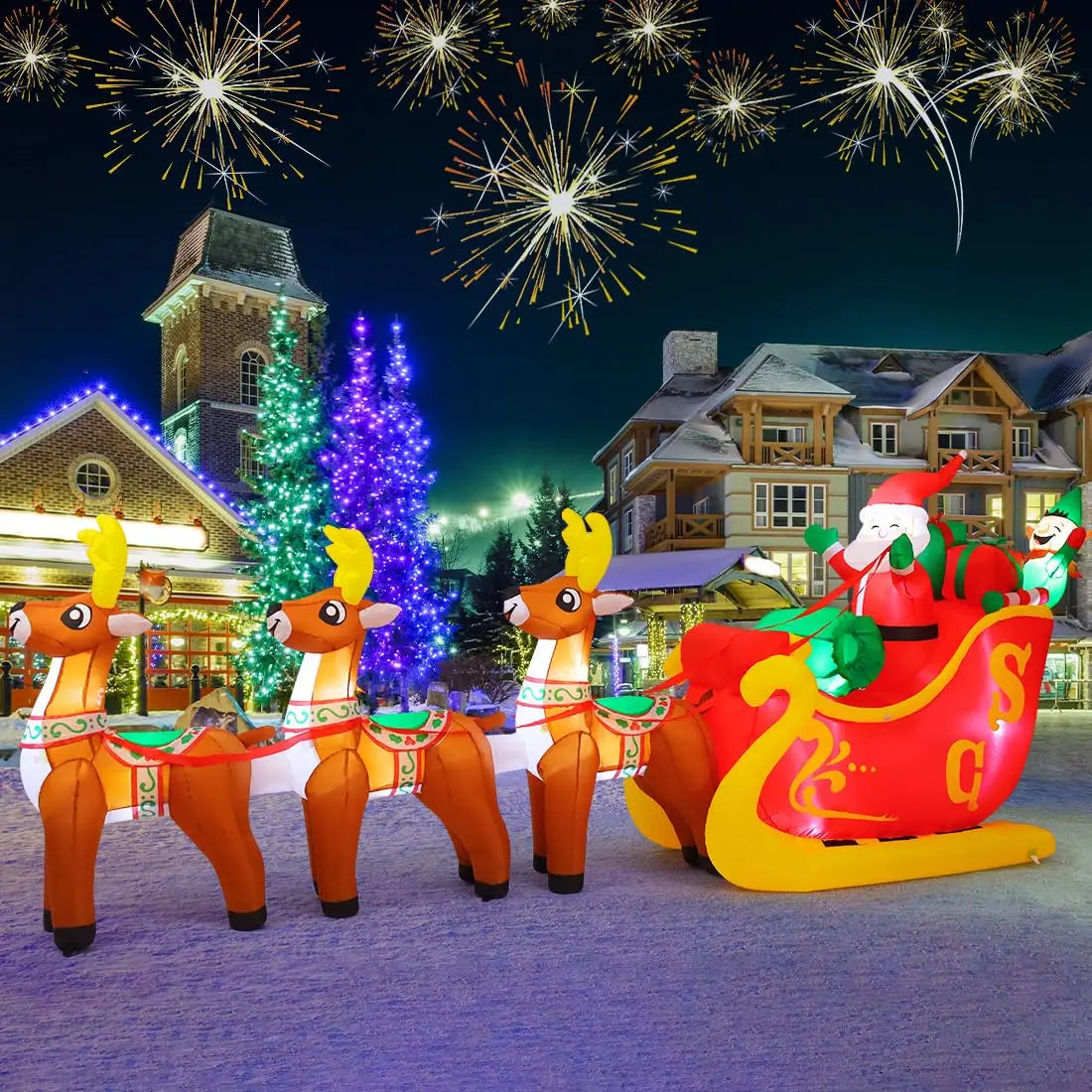 KTX-330387 12 FT Inflatable Santa Sleigh with Reindeer - Outdoor Christmas Decoration with LED Lights