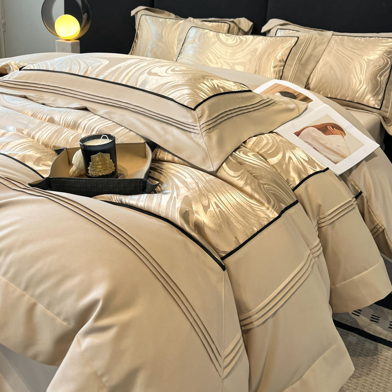 KTX-332883 Jacquard Four-Piece Cotton Bedding Set with Stripe and Geometric Patterns