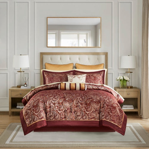 KTX-336851 12 Piece Queen Comforter Set with Cotton Sheets and Decorative Pillows in Red and Gold