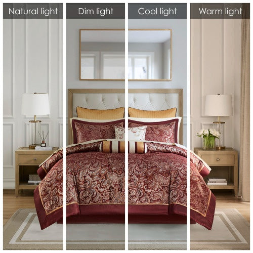 KTX-336851 12 Piece Queen Comforter Set with Cotton Sheets and Decorative Pillows in Red and Gold