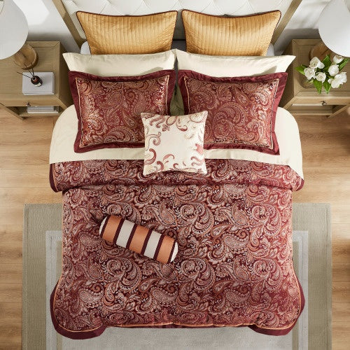 KTX-336851 12 Piece Queen Comforter Set with Cotton Sheets and Decorative Pillows in Red and Gold