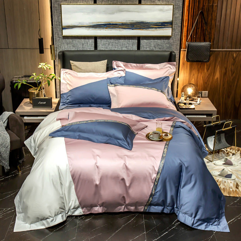 KTX-337683 Cotton Duvet Cover Set with Contrasting Color Stitching for Double Bed - 4 Pieces