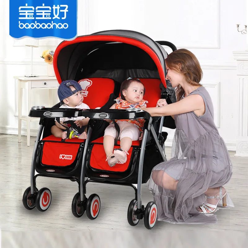 KTX-339027 Double Seat Twins Stroller - Side by Side Baby Pram with Adjustable Canopy and Safety Features