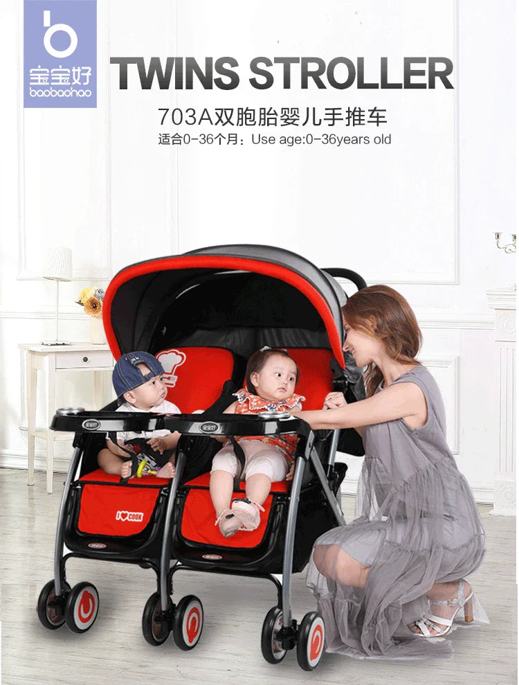 KTX-339027 Double Seat Twins Stroller - Side by Side Baby Pram with Adjustable Canopy and Safety Features