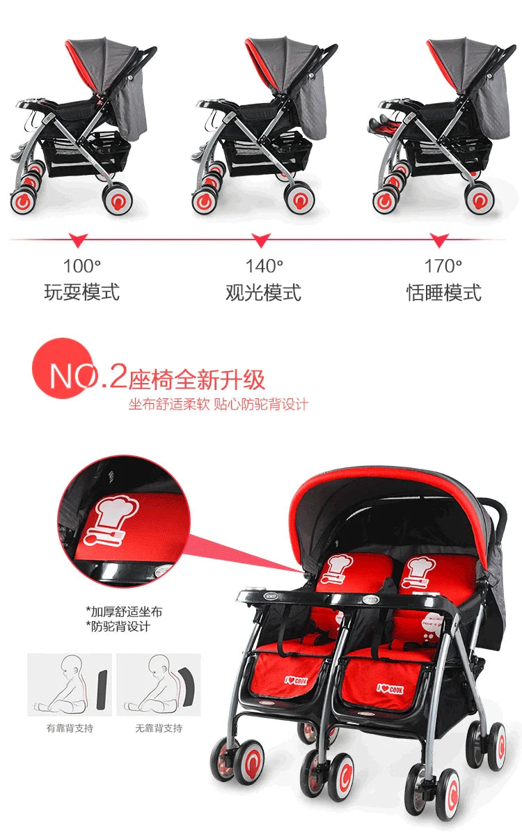 KTX-339027 Double Seat Twins Stroller - Side by Side Baby Pram with Adjustable Canopy and Safety Features