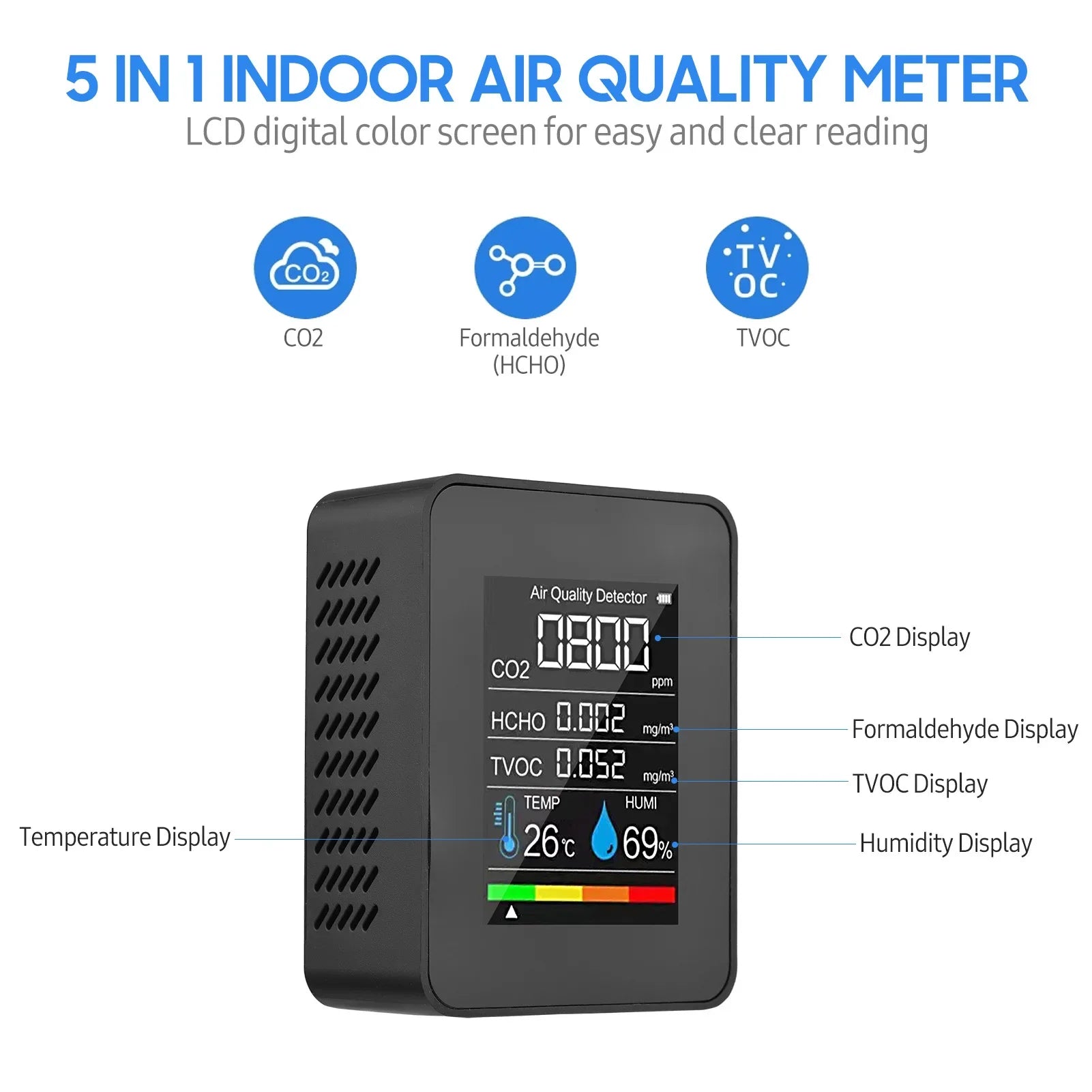 KTX-340179 Digital 5-in-1 Indoor Air Quality Meter for CO2, TVOC, HCHO, Temperature and Humidity Monitoring with LCD Display