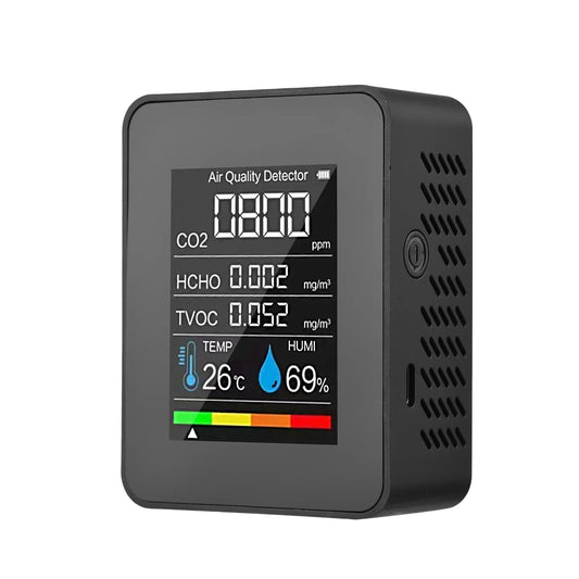 KTX-340179 Digital 5-in-1 Indoor Air Quality Meter for CO2, TVOC, HCHO, Temperature and Humidity Monitoring with LCD Display