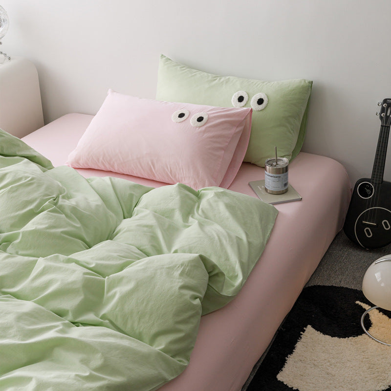 KTX-340819 Big Eyes Cotton Washed Bed Sheet Set in Modern Simplicity - Available in Multiple Sizes