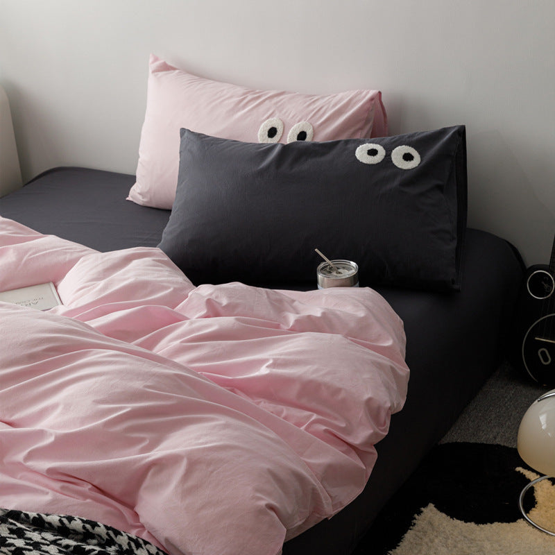 KTX-340819 Big Eyes Cotton Washed Bed Sheet Set in Modern Simplicity - Available in Multiple Sizes