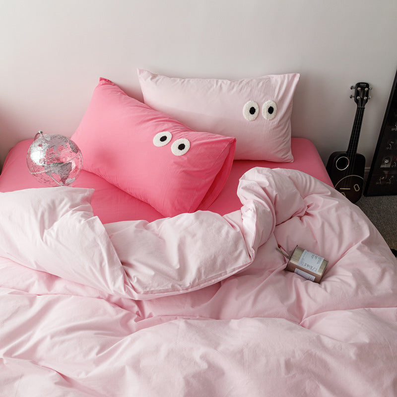 KTX-340819 Big Eyes Cotton Washed Bed Sheet Set in Modern Simplicity - Available in Multiple Sizes