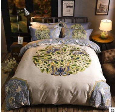 KTX-341907 Cotton Linen Quilt Cover Bedding Set in Red with Plant Floral Design for 1.8m Bed