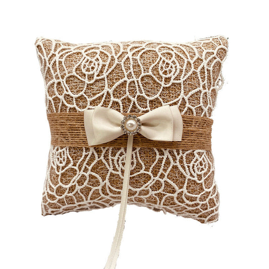 KTX-344339 Pearl Bowknot Ring Pillow Box for Weddings and Engagements in Jute with Lace and Rhinestone Accents