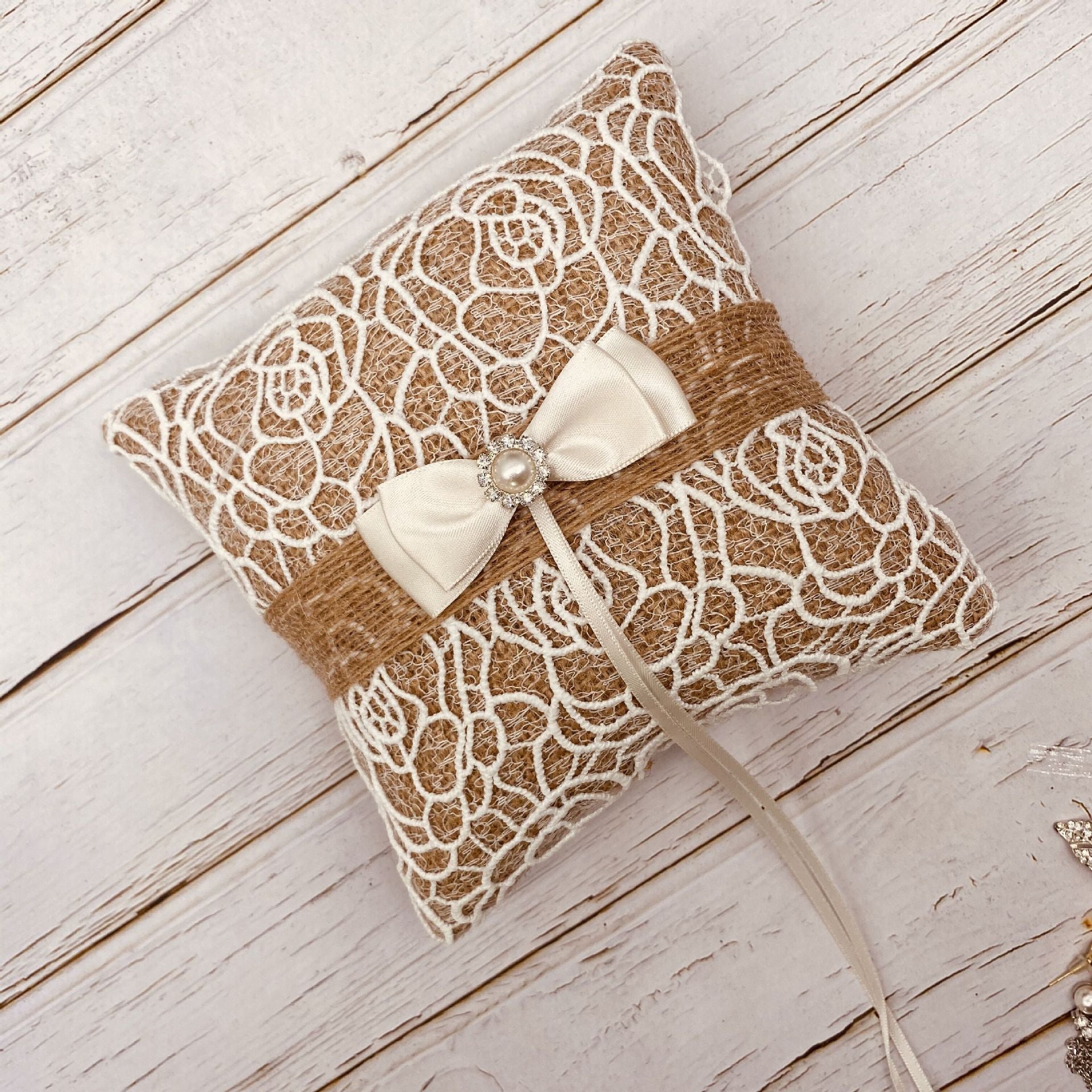KTX-344339 Pearl Bowknot Ring Pillow Box for Weddings and Engagements in Jute with Lace and Rhinestone Accents