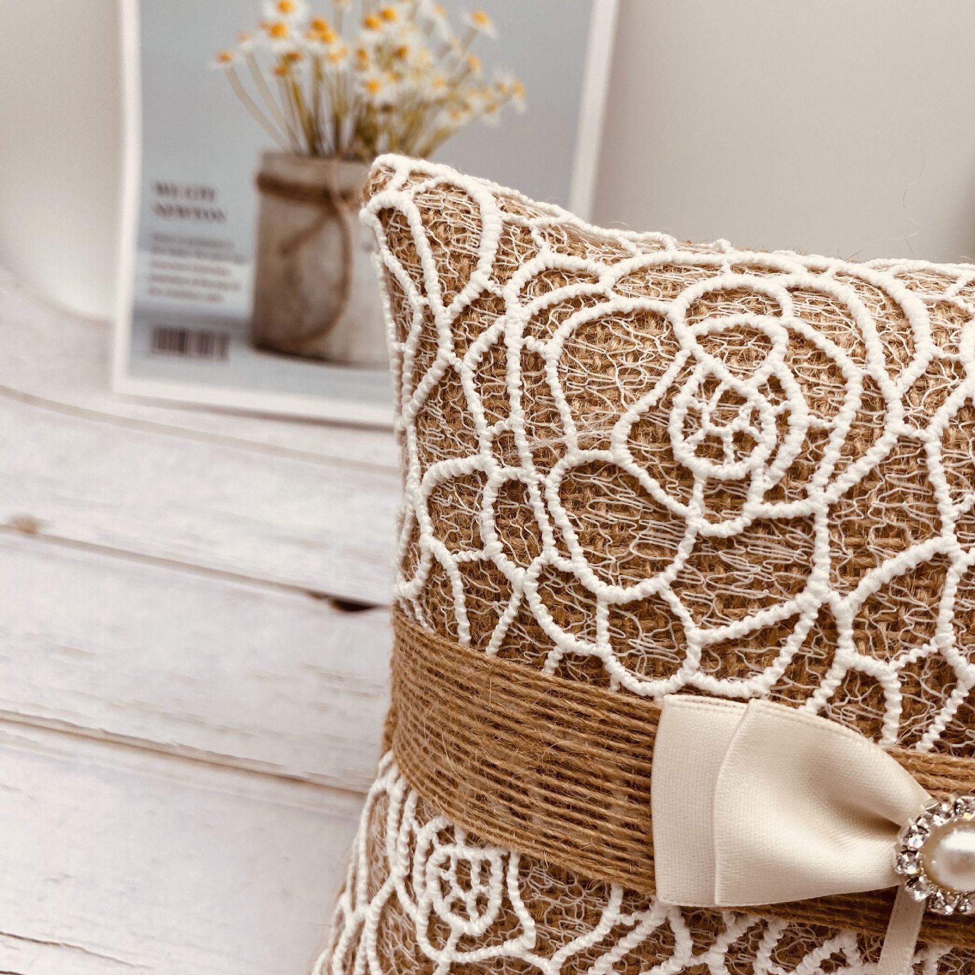 KTX-344339 Pearl Bowknot Ring Pillow Box for Weddings and Engagements in Jute with Lace and Rhinestone Accents