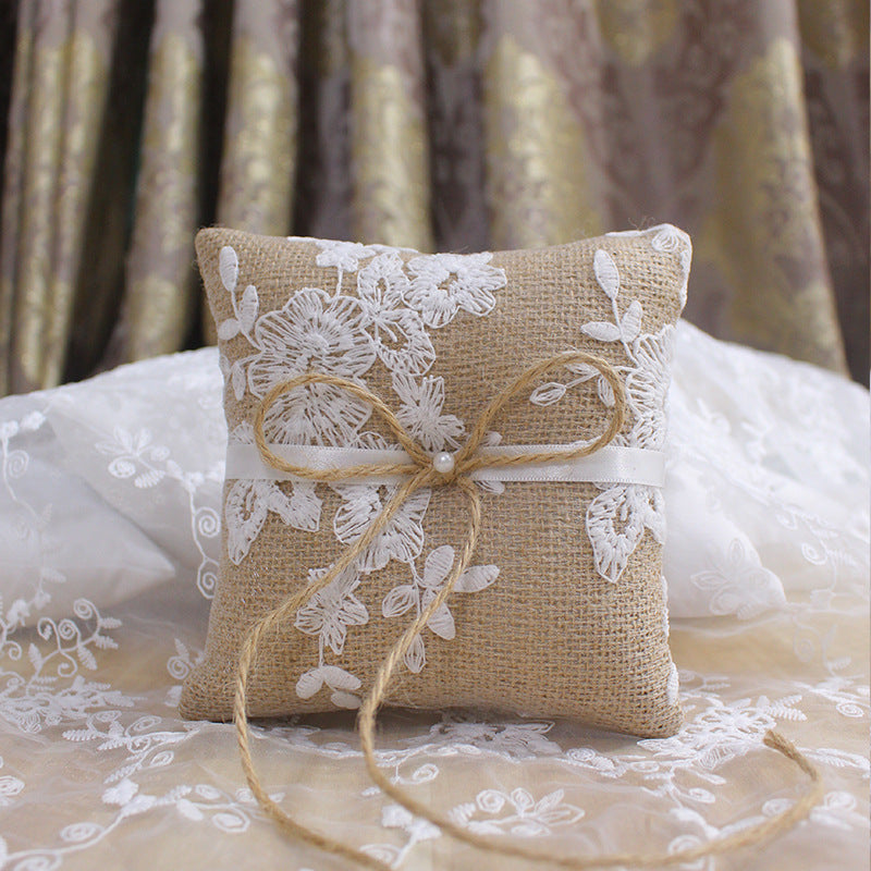 KTX-344339 Pearl Bowknot Ring Pillow Box for Weddings and Engagements in Jute with Lace and Rhinestone Accents