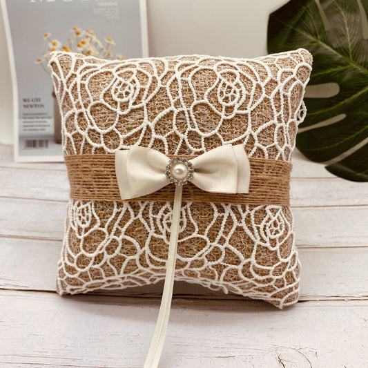 KTX-344339 Pearl Bowknot Ring Pillow Box for Weddings and Engagements in Jute with Lace and Rhinestone Accents