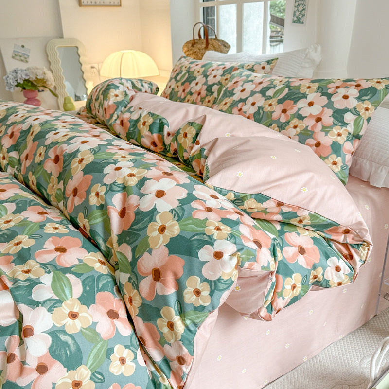 KTX-344595 Cotton Floral Bedding Set - 4-Piece Collection with Duvet Cover, Bed Sheet, and Pillowcases