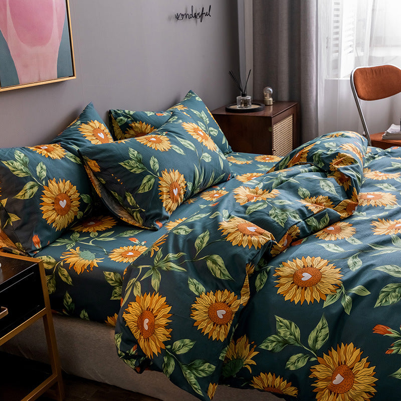 KTX-345747 Four-Piece 100% Cotton Nordic Style Bed Sheet and Quilt Cover Set with Floral Patterns