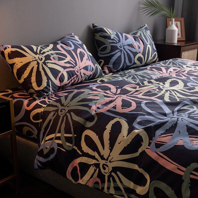 KTX-345747 Four-Piece 100% Cotton Nordic Style Bed Sheet and Quilt Cover Set with Floral Patterns