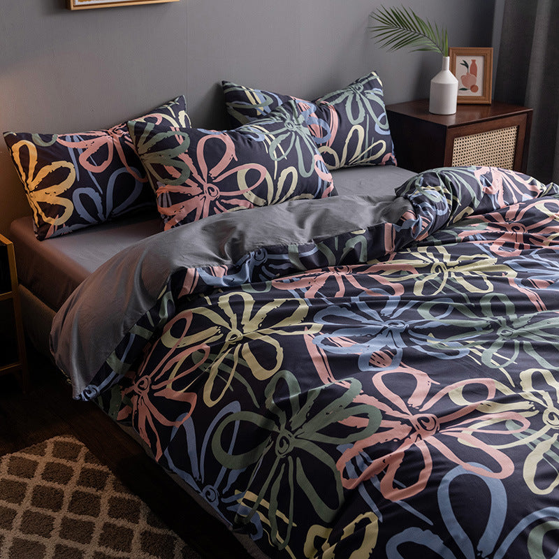 KTX-345747 Four-Piece 100% Cotton Nordic Style Bed Sheet and Quilt Cover Set with Floral Patterns