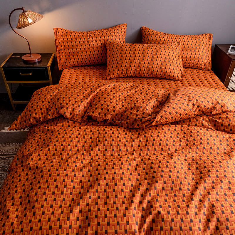 KTX-345747 Four-Piece 100% Cotton Nordic Style Bed Sheet and Quilt Cover Set with Floral Patterns