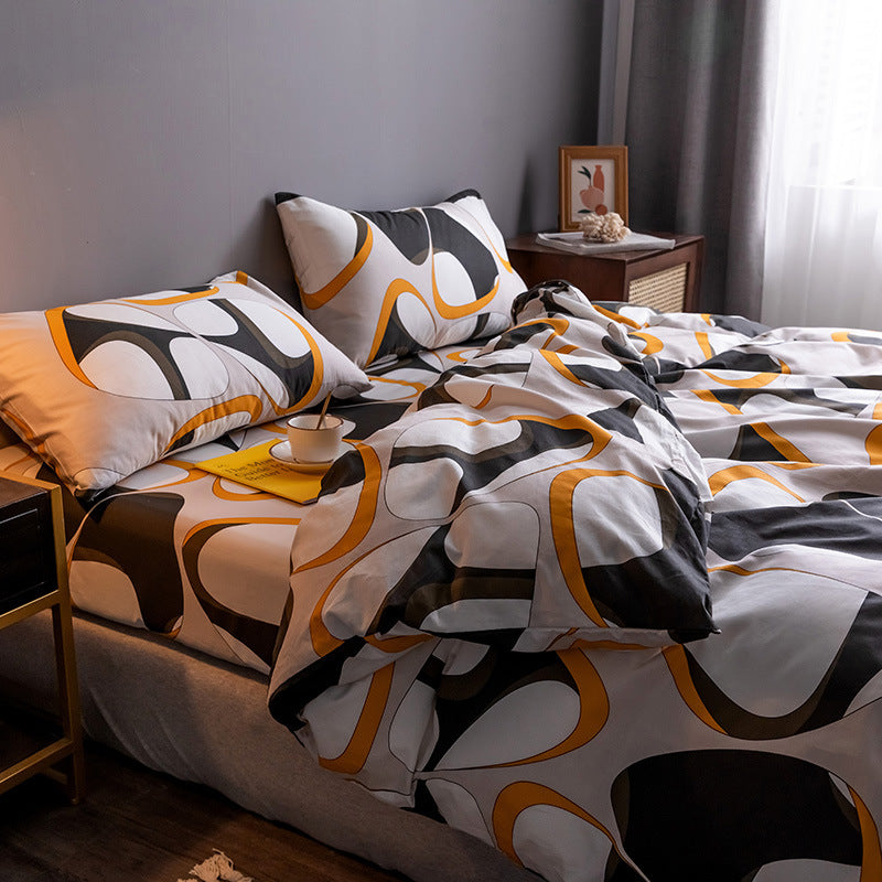 KTX-345747 Four-Piece 100% Cotton Nordic Style Bed Sheet and Quilt Cover Set with Floral Patterns