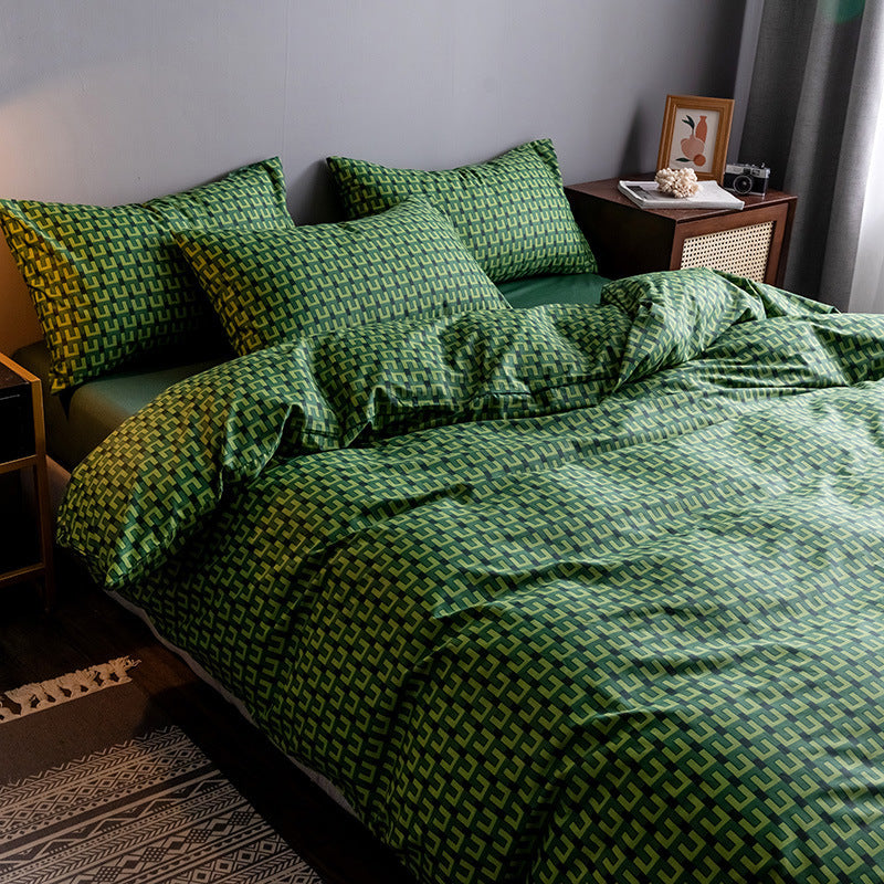 KTX-345747 Four-Piece 100% Cotton Nordic Style Bed Sheet and Quilt Cover Set with Floral Patterns