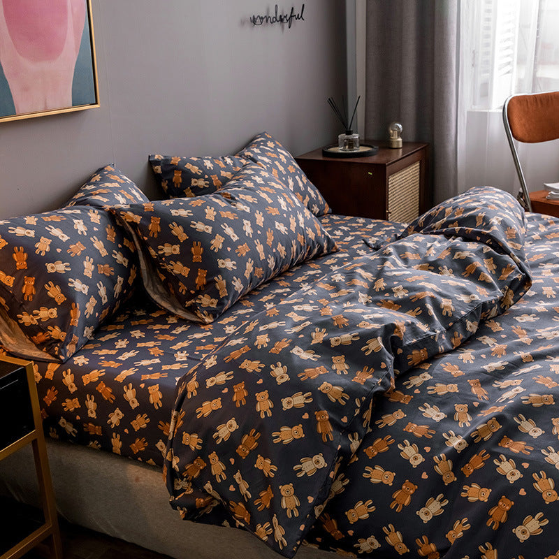 KTX-345747 Four-Piece 100% Cotton Nordic Style Bed Sheet and Quilt Cover Set with Floral Patterns