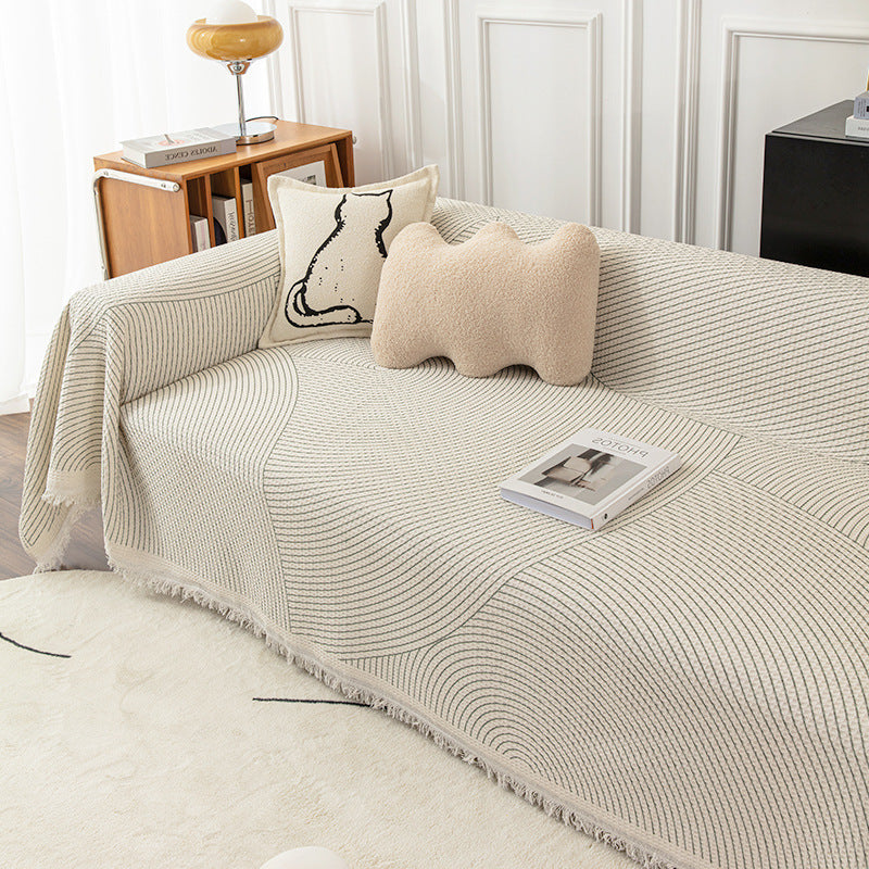 KTX-350995 Striped Cotton Sofa Towel Anti-Cat Scratch Protector Blanket for All Season Use