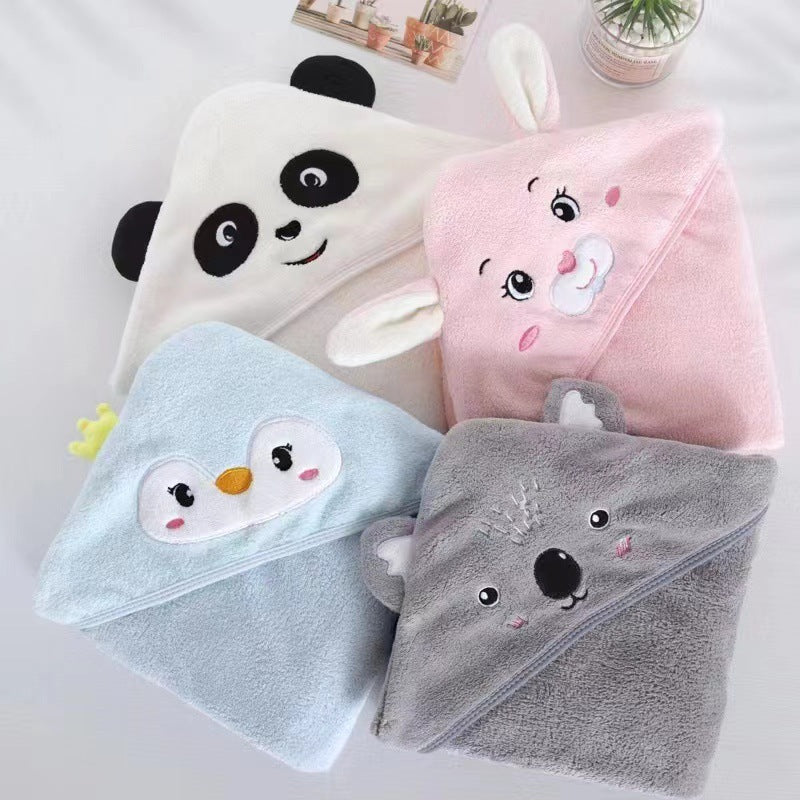KTX-352915 Cozy Coral Fleece Children’s Hoodie Bath Towel - Panda, Elephant, Koala, Long Ear Dog