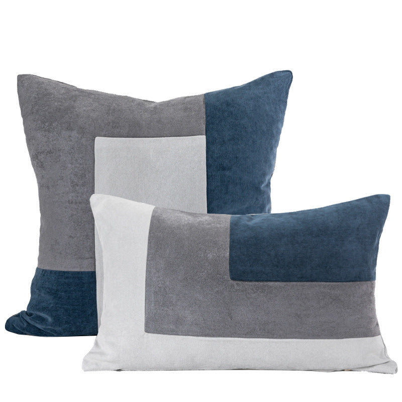 KTX-353171 Blue Grey Suede Patchwork Cushion Cover - Checker Pattern, Various Sizes Available