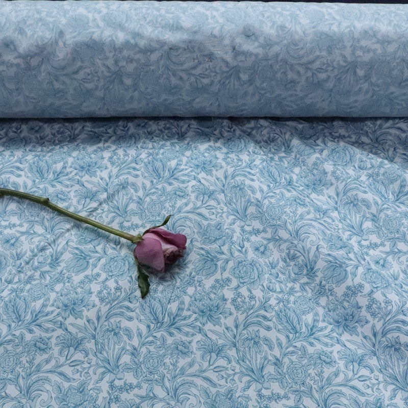 KTX-355475 Blue and White Floral Cotton Fabric for Children's Dresses, Long 1M x 1.45M