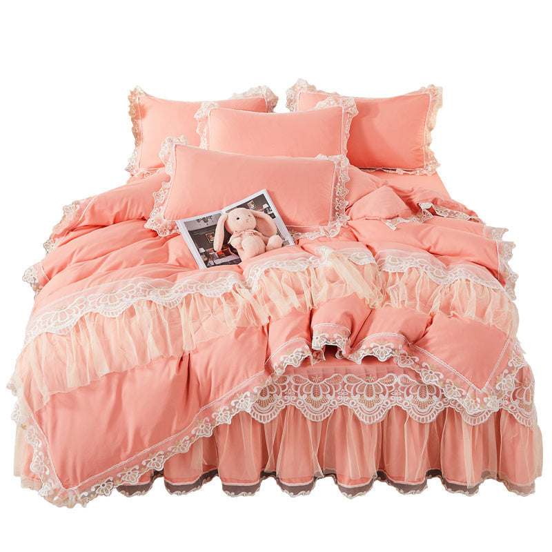 KTX-355475 Korean Style Princess Wind Lace Duvet Cover and Bed Skirt Set – Multiple Color Options Available