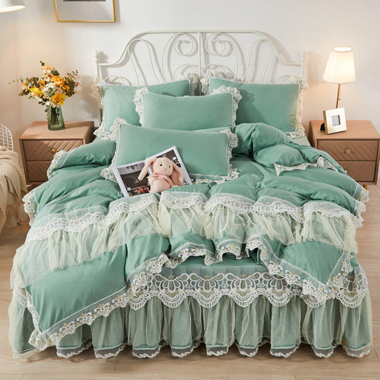 KTX-355475 Korean Style Princess Wind Lace Duvet Cover and Bed Skirt Set – Multiple Color Options Available
