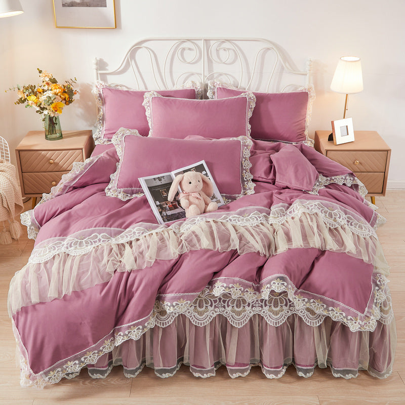 KTX-355475 Korean Style Princess Wind Lace Duvet Cover and Bed Skirt Set – Multiple Color Options Available