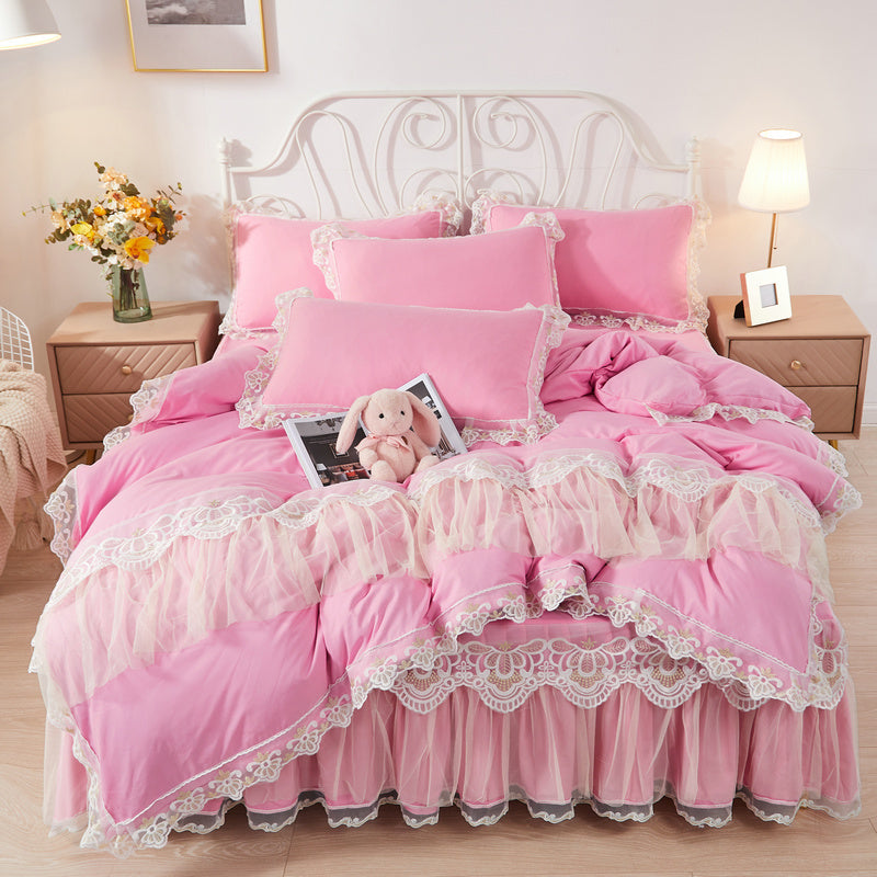 KTX-355475 Korean Style Princess Wind Lace Duvet Cover and Bed Skirt Set – Multiple Color Options Available