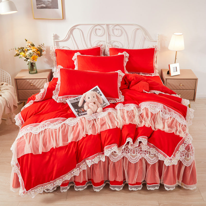 KTX-355475 Korean Style Princess Wind Lace Duvet Cover and Bed Skirt Set – Multiple Color Options Available