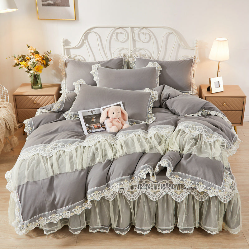 KTX-355475 Korean Style Princess Wind Lace Duvet Cover and Bed Skirt Set – Multiple Color Options Available