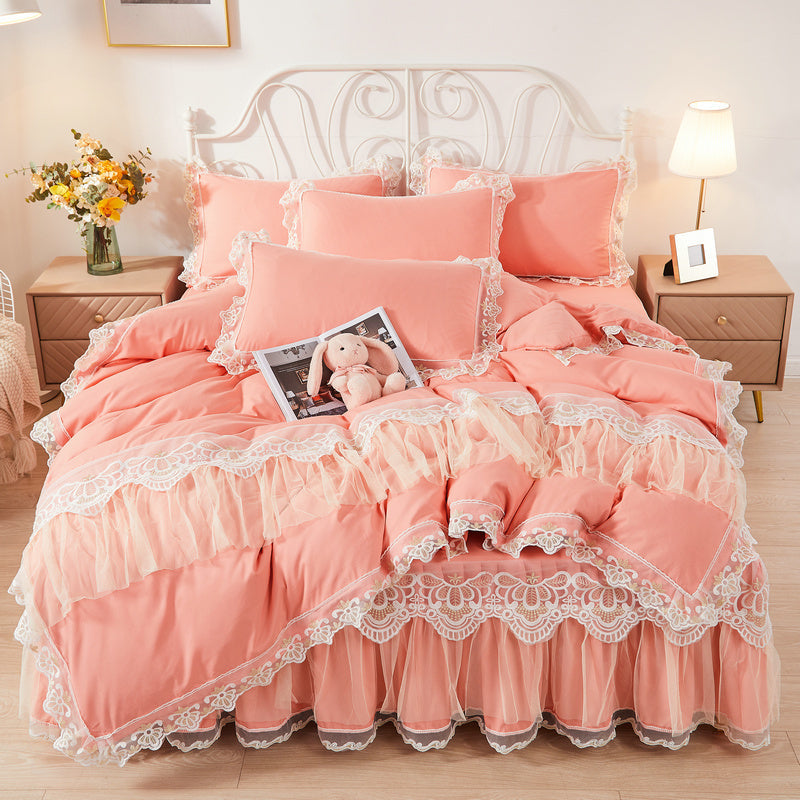 KTX-355475 Korean Style Princess Wind Lace Duvet Cover and Bed Skirt Set – Multiple Color Options Available