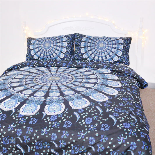 KTX-360019 Blue Peacock Pattern Polyester Fiber Bedding Set - Available in Twin, Full, Queen, and King Sizes