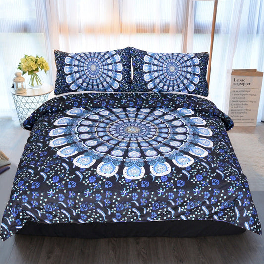 KTX-360019 Blue Peacock Pattern Polyester Fiber Bedding Set - Available in Twin, Full, Queen, and King Sizes