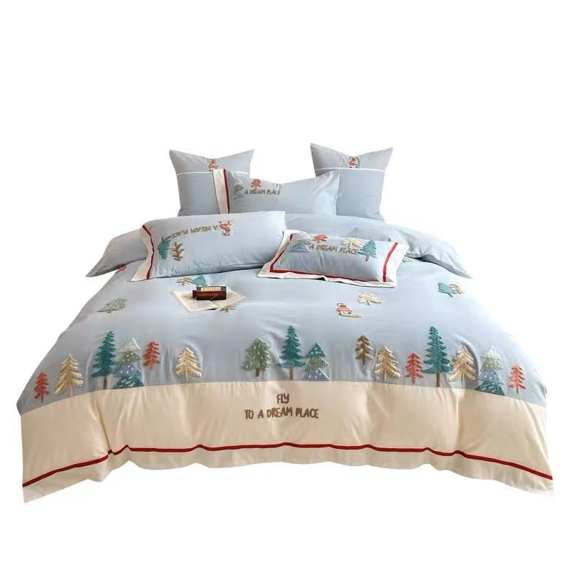 KTX-361235 Cotton Bedding Set with Geometric and Floral Patterns - Four-Piece Embroidered Collection
