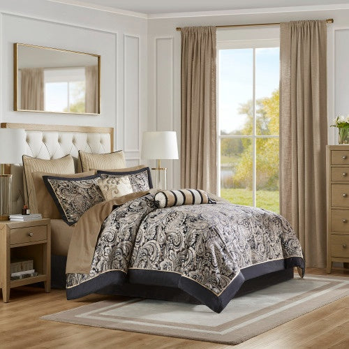 KTX-363859 12 Piece Elegant Queen Bed Set with Cotton Sheets and Decorative Pillows in Black and Gold