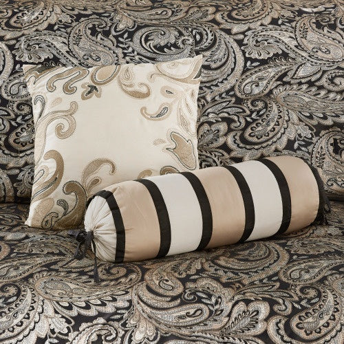 KTX-363859 12 Piece Elegant Queen Bed Set with Cotton Sheets and Decorative Pillows in Black and Gold